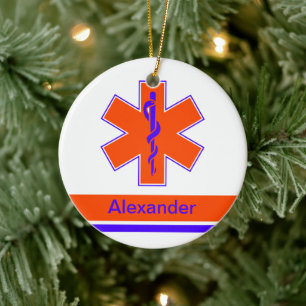 Ornement En Céramique Ambulance personnalisée orange et bleu étoile de