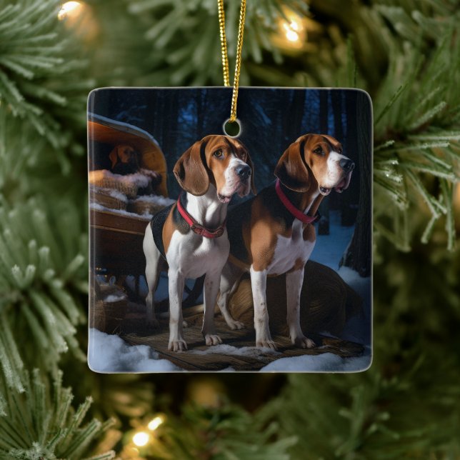 Ornement En Céramique American English Foxhound Snowy Sleigh Noël (Arbre)