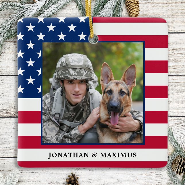 Ornement En Céramique American Flag Patriotique Noël Photo personnalisée (Créateur téléchargé)