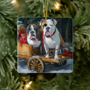 Ornement En Céramique American Staffordshire Snowy Sleigh Noël