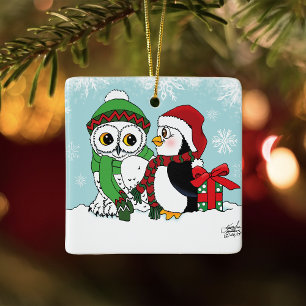 Ornement En Céramique Amis de Noël au pingouin et à la chouette festifs