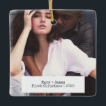 Ornement En Céramique Amour minimaliste moderne Engagé Photo Mariage<br><div class="desc">Moderne minimaliste Joyeux et marié Simple Photo Mariage ou Fiançailles ornement en céramique. Créez vos propres ornements de Noël personnalisés en ajoutant vos photos de mariage à l'avant et à l'arrière, faites votre propre monogramme avec des initiales, écrivez la date, l'année et tout message d'amour. Un modèle élégant avec une...</div>