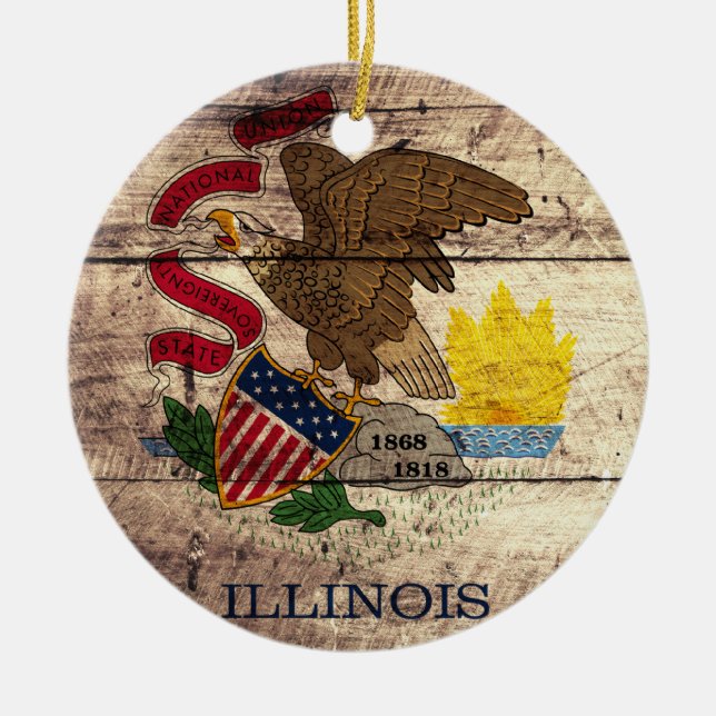 Ornement En Céramique Ancien drapeau de l'Illinois en bois ; (Devant)