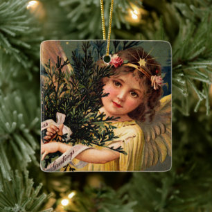 Ornement En Céramique Ange avec une brassée de verdure de Noël