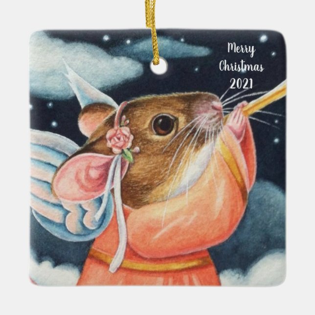 Ornement En Céramique Ange de Noël Souris et trompette Aquarelle Art (Devant)
