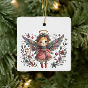 Ornement En Céramique Ange de Noël Whimsical avec ailes multicolores