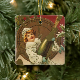 Ornement En Céramique Ange du Nouvel An Champagne Victorien Vintage