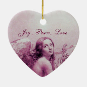 Ornement En Céramique ANGE JOUER LYRA SUR LES NUAGES Coeur rose