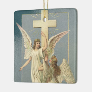 Ornement En Céramique Anges victoriens avec une croix, Pâques vintage