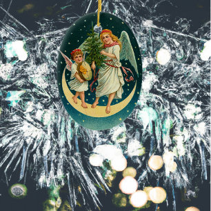 Ornement En Céramique Anges vintages de Noël sur la lune