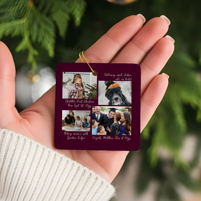 Ornement En Céramique Année en moments Famille Photo Collage & légendes (Year in Moments Family Photo Collage & Captions Burgundy Ceramic Ornament)