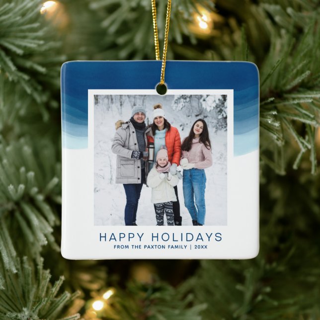 Ornement En Céramique Aquarelle bleu Ombre Joyeux vacances (Arbre)