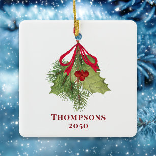 Ornement En Céramique Aquarelle de Noël Holly Berries Vert Simple