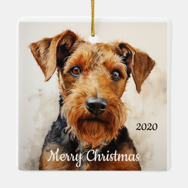 Ornement En Céramique Aquarelle de Noël personnalisée Airedale Terrier (Dos)