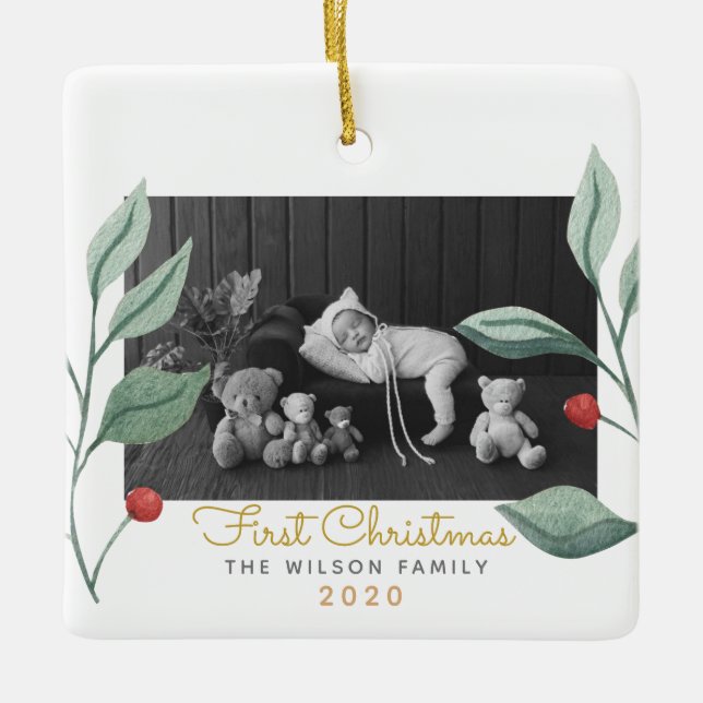 Ornement En Céramique Aquarelle de Noël Verdure & Berry (Devant)