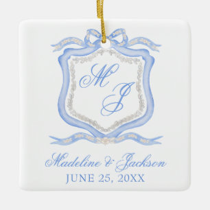 Ornement En Céramique Aquarelle Designer Blue Monogram Crest