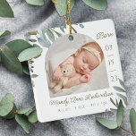 Ornement En Céramique Aquarelle Feuille Vert Bébé Naissance Statistiques<br><div class="desc">Nouveau bébé statistiques de naissance photo ornement de Noël. Le design comprend deux photos, une photo à l'avant et une à l'arrière. Affichez la photo de votre nouveau bébé. La date de naissance est affichée le long du côté et le nom et la naissance du bébé se trouvent le long...</div>