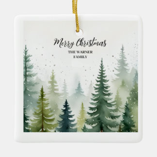 Ornement En Céramique Aquarelle Forêt de Noël Arbres neige hiver