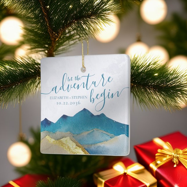 Ornement En Céramique Aquarelle Golden Mountains Mariage Enregistrer La  (Créateur téléchargé)