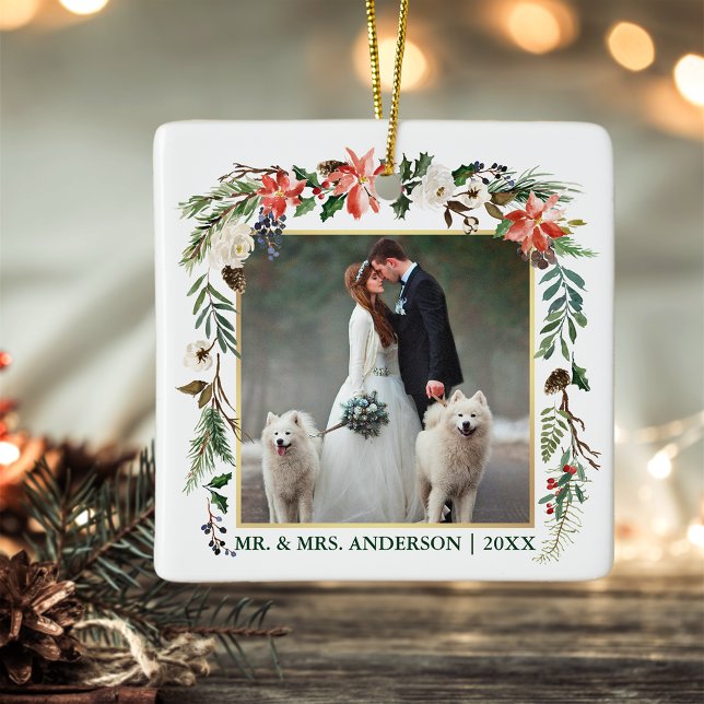 Ornement En Céramique Aquarelle hiver Floral Vert or Mariage photo (Customize to change text color or text size.)