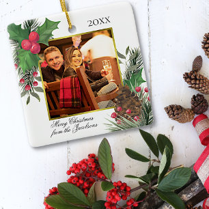 Ornement En Céramique Aquarelle Holly & Pine Gold Photo Frame Festive