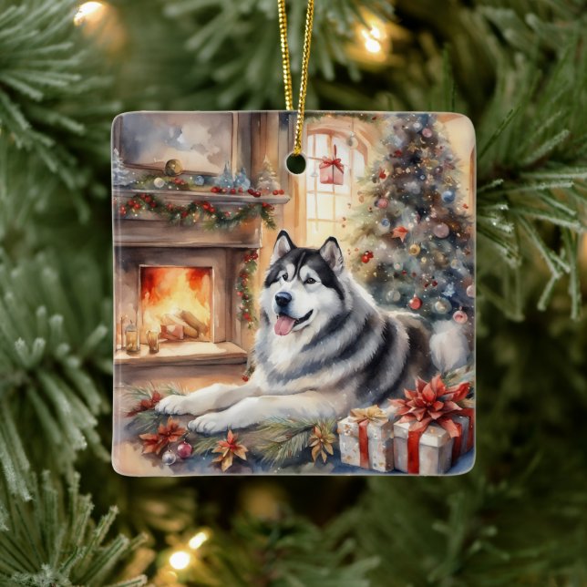 Ornement En Céramique Aquarelle Malamute en Alaska - Scène de Noël (Arbre)