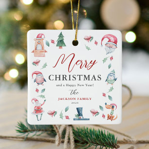 Ornement En Céramique Aquarelle mignonne Joyeux Noël personnalisé