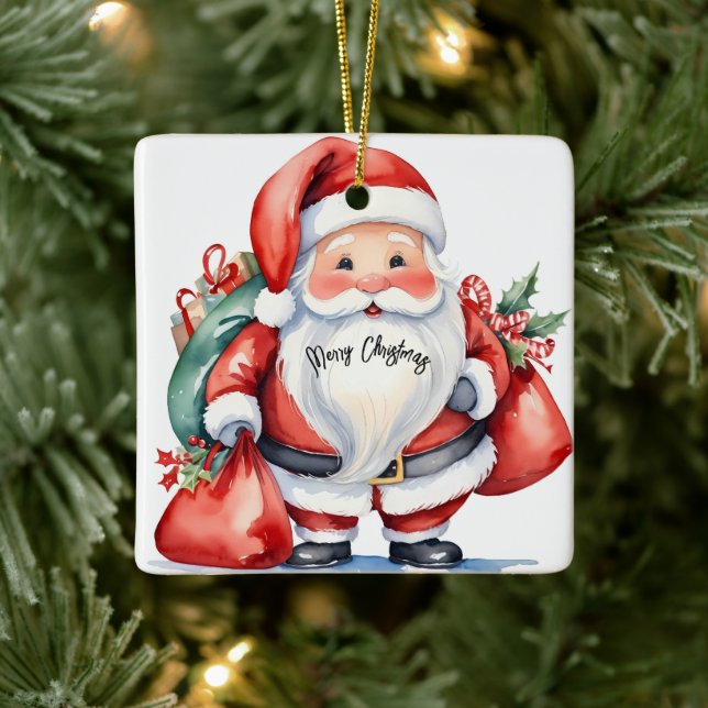 Ornement En Céramique Aquarelle mignonne Santa Claus avec sacs cadeau ro (Arbre)