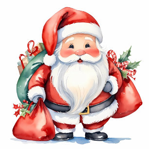 Ornement En Céramique Aquarelle mignonne Santa Claus avec sacs cadeau ro