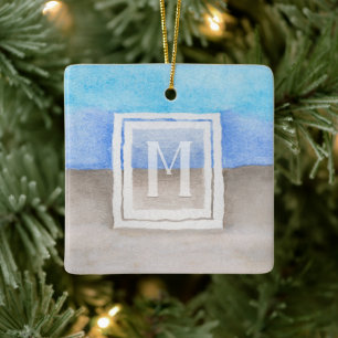 Ornement En Céramique Aquarelle Monogramme mer et sable bleu et bronze