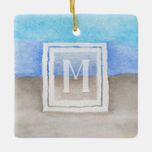Ornement En Céramique Aquarelle Monogramme mer et sable bleu et bronze