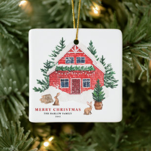 Ornement En Céramique Aquarelle neige Cottage rouge et lapins Noël