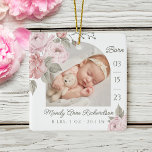 Ornement En Céramique Aquarelle Peony rose Floral Baby Birth Stat Photo<br><div class="desc">Nouveau bébé statistiques de naissance photo ornement de Noël. Le design comprend deux photos, une photo à l'avant et une à l'arrière. Affichez la photo de votre nouveau bébé. La date de naissance est affichée le long du côté et le nom et la naissance du bébé se trouvent le long...</div>
