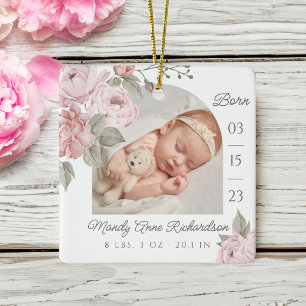 Ornement En Céramique Aquarelle Peony rose Floral Baby Birth Stat Photo