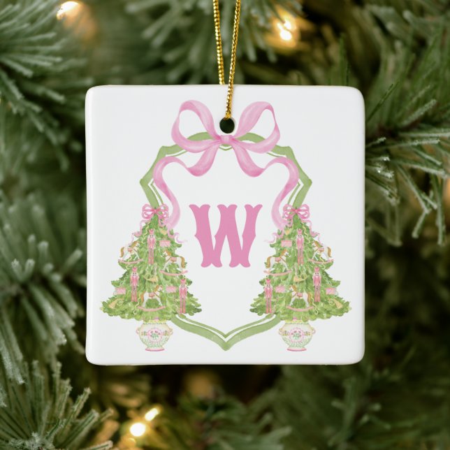 Ornement En Céramique Aquarelle Pink Nutcracker Monogram Crest (Arbre)
