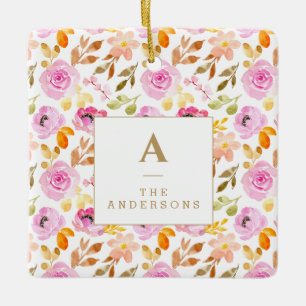 Ornement En Céramique Aquarelle rose d'été Famille Florale Monogramme
