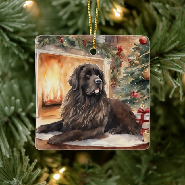 Ornement En Céramique Aquarelle Terre-Neuve - Scène de Noël 2 (Arbre)