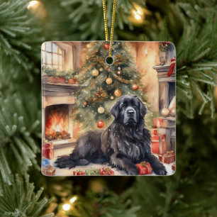 Ornement En Céramique Aquarelle Terre-Neuve - Scène de Noël 3