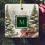 Ornement En Céramique Aquarelle Vintage sapin de Noël Monogramme foresti<br><div class="desc">Aquarelle vintage arbres de Noël dans ornement d'arbres de forêt enneigés. Inclure le monogramme de votre famille qui apparaîtra sur l'avant et l'arrière.</div>