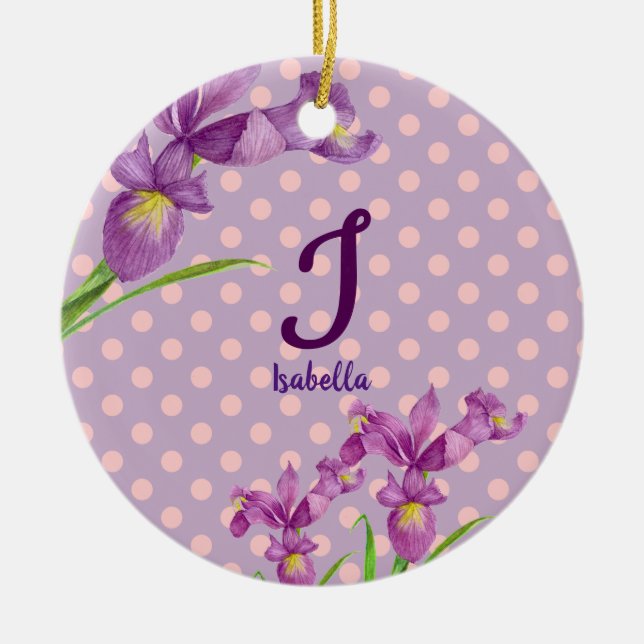 Ornement En Céramique Aquarelle violette Iris Botanique Floral Monogramm (Devant)