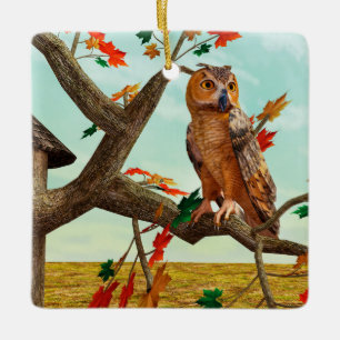 Ornement En Céramique Arbre de l'érable à chouette d'automne Art fauniqu