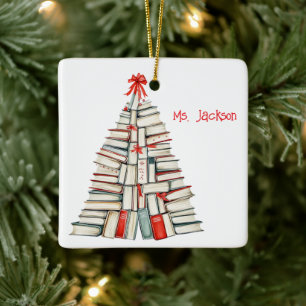 Ornement En Céramique Arbre de livre de Noël personnalisé-Enseignant/Bib