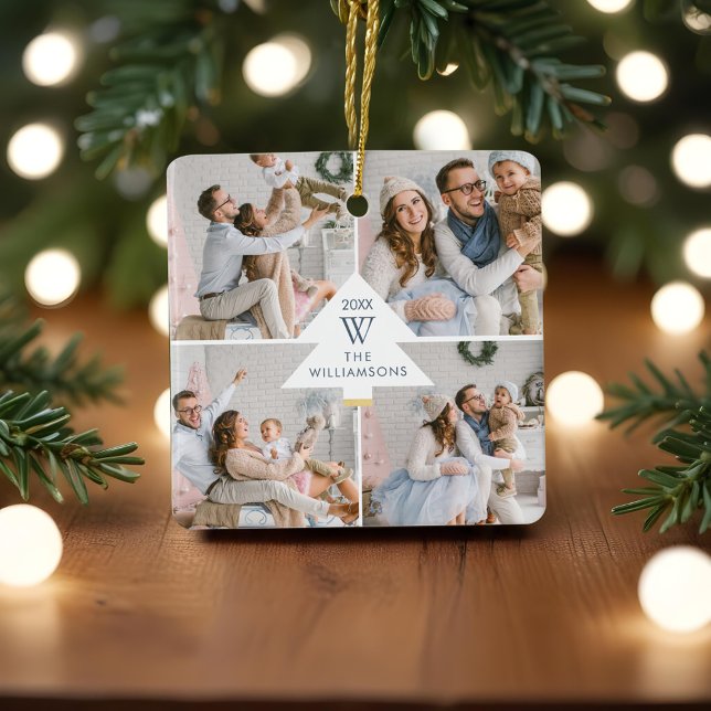 Ornement En Céramique Arbre de Noël moderne Monogramme Quatre photos (Modern Christmas Tree Monogram Four Photo Family Ceramic Ornament)