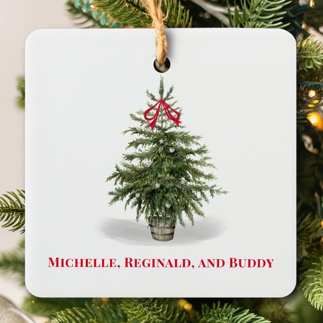 Ornement En Céramique Arbre de Noël photo simple aquarelle (Watercolor Christmas Tree holiday photo ornament. )