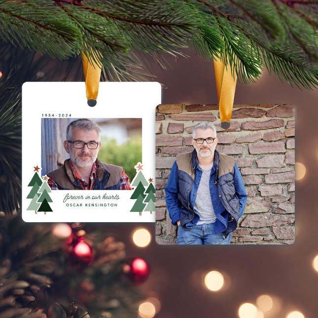 Ornement En Céramique Arbre rustique de mémoires à jamais dans nos cœurs (Forever in Our Hearts Memorial Rustic Trees Photo Ceramic Ornament)