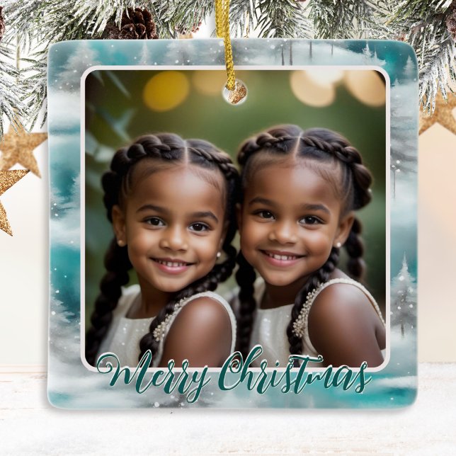 Ornement En Céramique Arbres festifs Neige d'hiver 1 Photo Joyeux Noël (A custom Christmas ornament for you to display a favorite photo and your own message on the back)