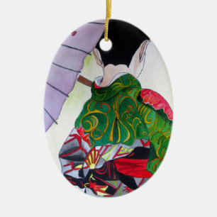 Ornement En Céramique Art japonais Geisha avec kimono et parapluie