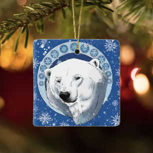 Ornement En Céramique Art Nouveau Ours Polaire Flocons de Neige Bleu Sér