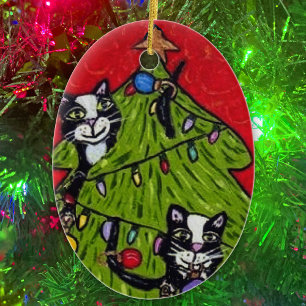 Ornement En Céramique Art populaire Chats Arbre de Noël