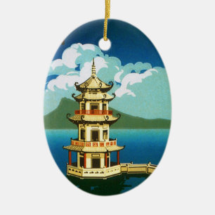 Ornement En Céramique Asie Vintage voyage, Taïwan Pagoda Tour Tirée